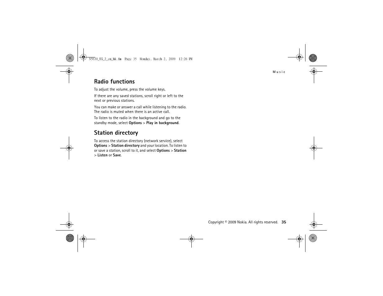 Radio functions, Station directory, Radio functions station directory | Nokia 5630 User Manual | Page 36 / 87