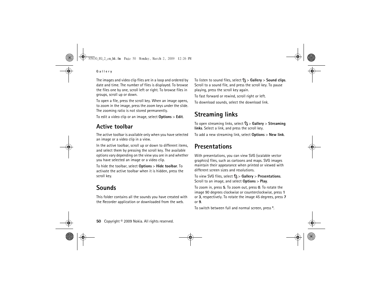 Active toolbar, Sounds, Streaming links | Presentations, Sounds streaming links presentations | Nokia 5630 User Manual | Page 51 / 87