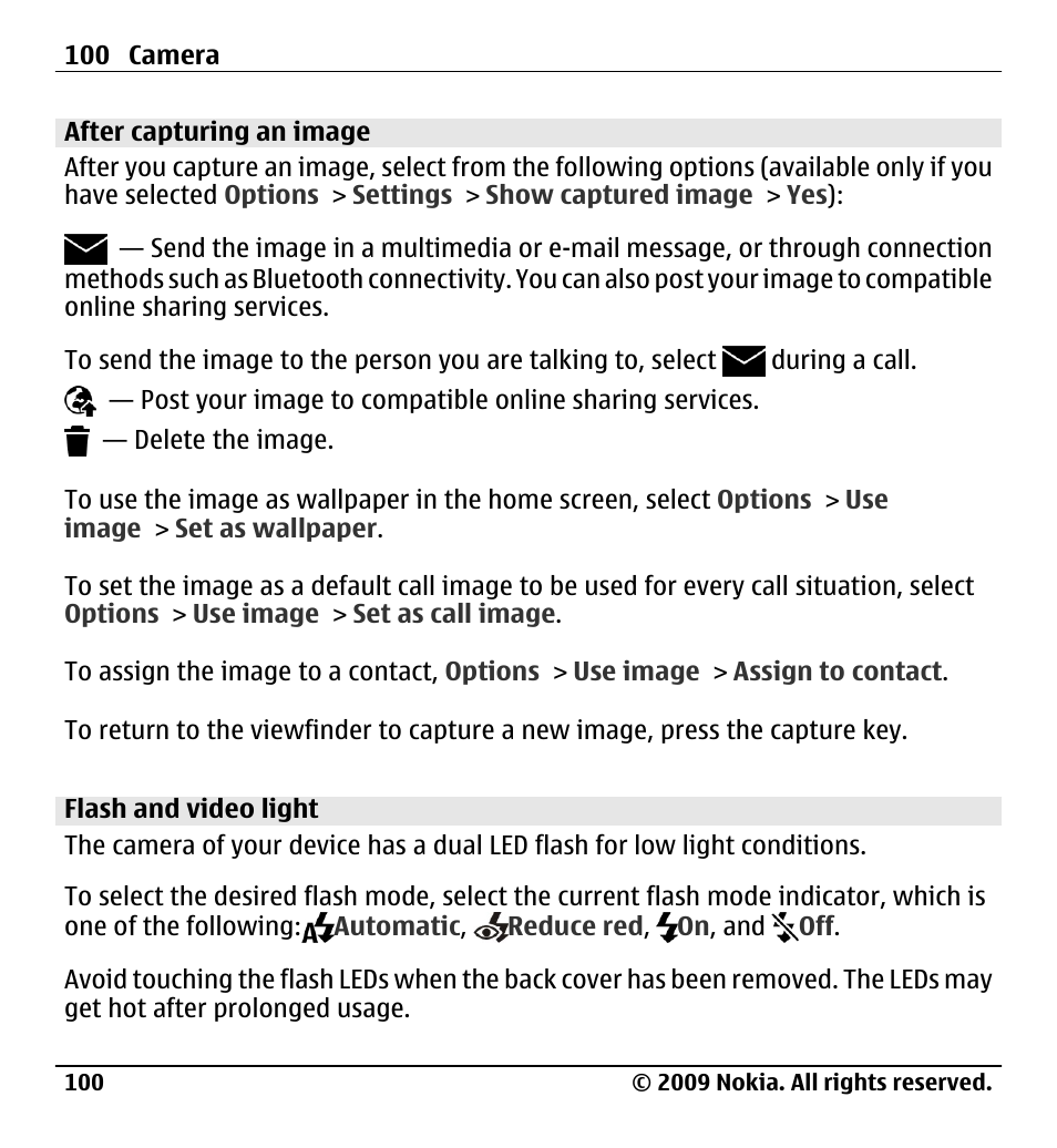 After capturing an image, Flash and video light | Nokia X6-00 User Manual | Page 100 / 213
