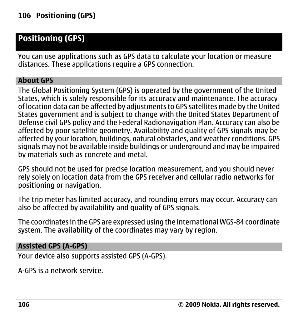 Positioning (gps), About gps, Assisted gps (a-gps) | Nokia X6-00 User Manual | Page 106 / 213