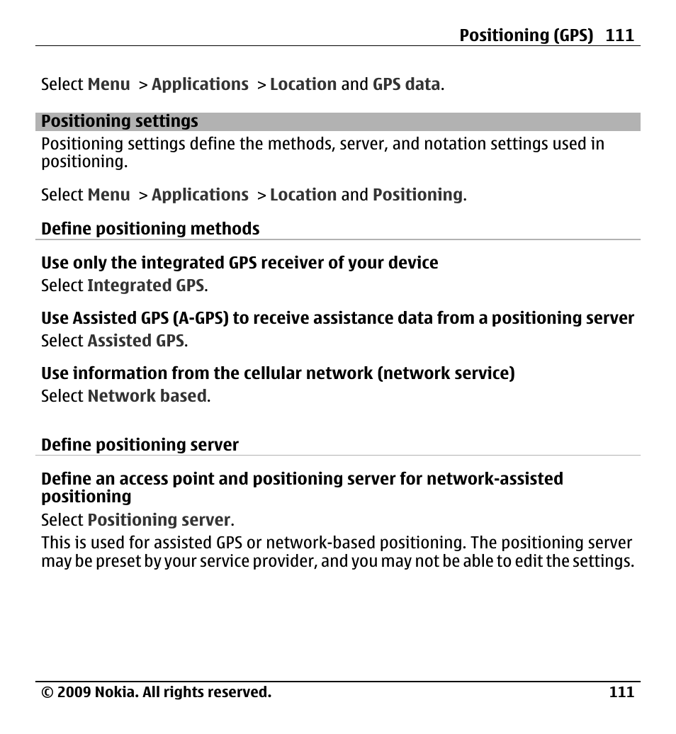 Positioning settings | Nokia X6-00 User Manual | Page 111 / 213