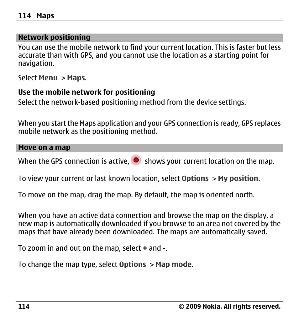 Network positioning, Move on a map | Nokia X6-00 User Manual | Page 114 / 213