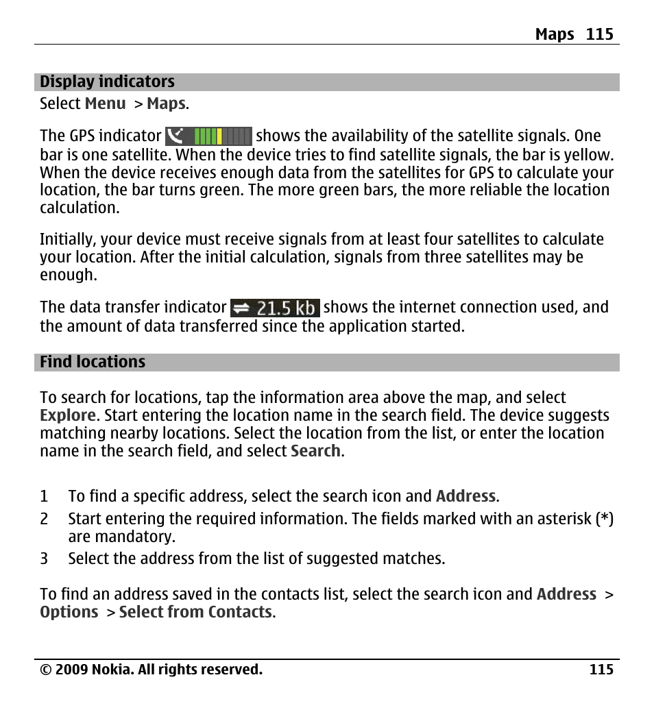 Display indicators, Find locations | Nokia X6-00 User Manual | Page 115 / 213