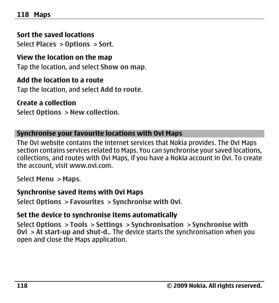 Synchronise your favourite locations with ovi maps, Synchronise your favourite locations, With ovi maps | Nokia X6-00 User Manual | Page 118 / 213