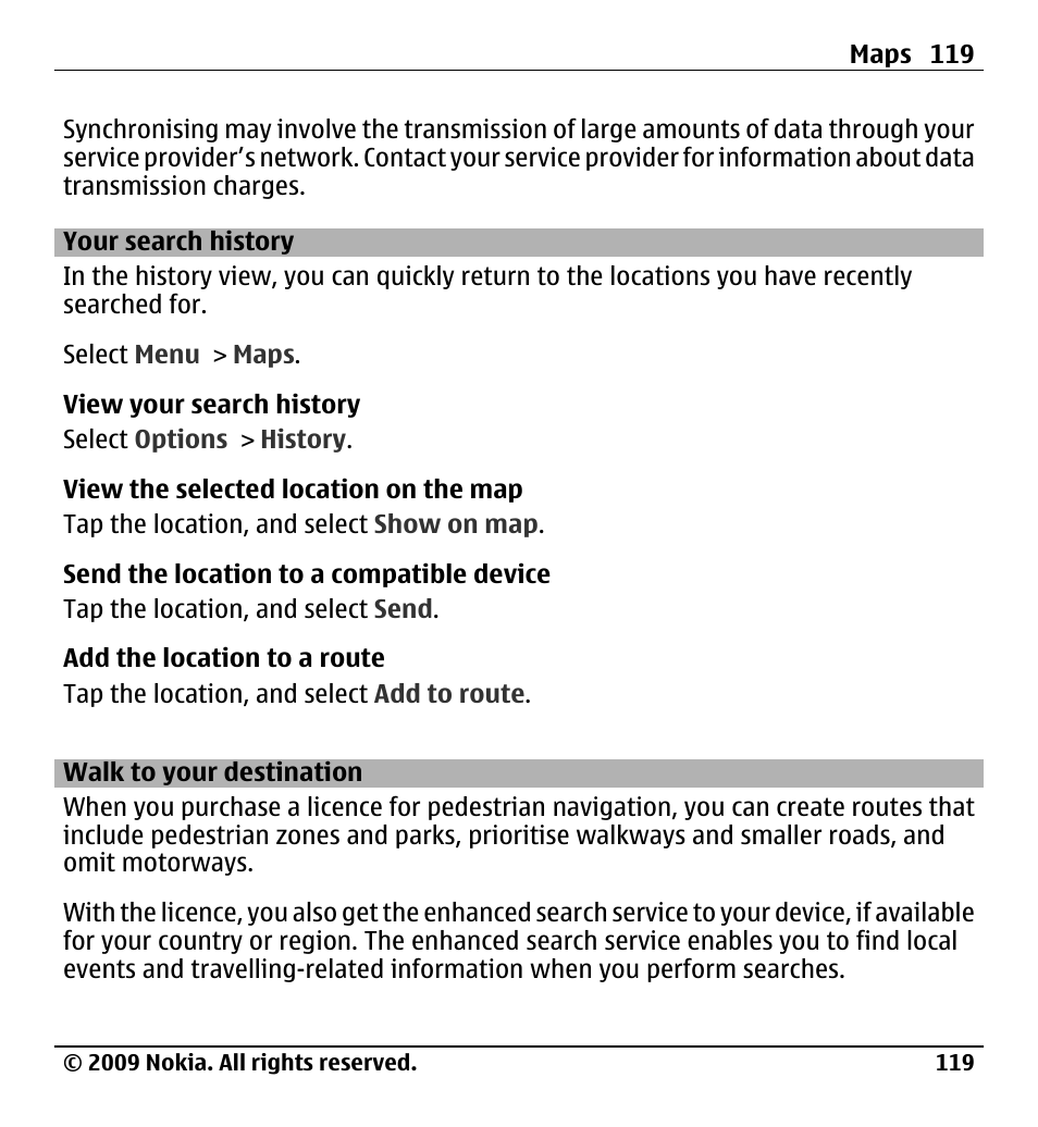 Your search history, Walk to your destination | Nokia X6-00 User Manual | Page 119 / 213
