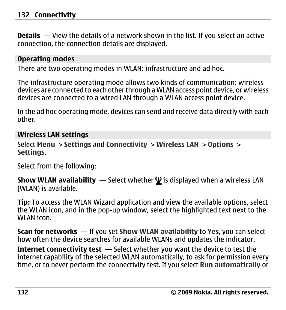 Operating modes, Wireless lan settings | Nokia X6-00 User Manual | Page 132 / 213