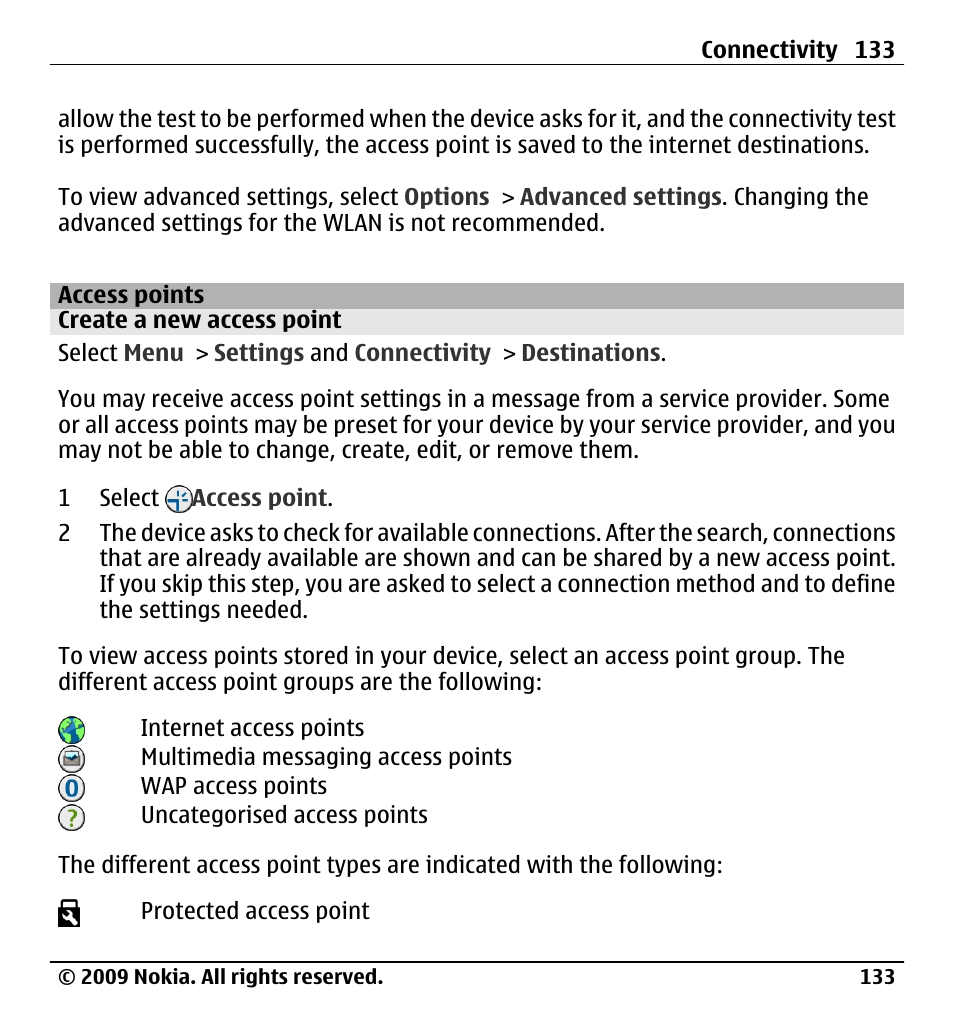 Access points, Create a new access point | Nokia X6-00 User Manual | Page 133 / 213