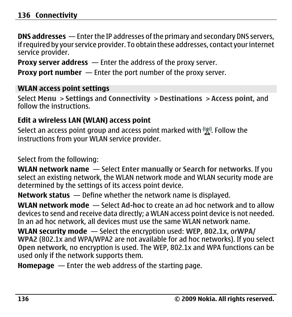 Wlan access point settings | Nokia X6-00 User Manual | Page 136 / 213