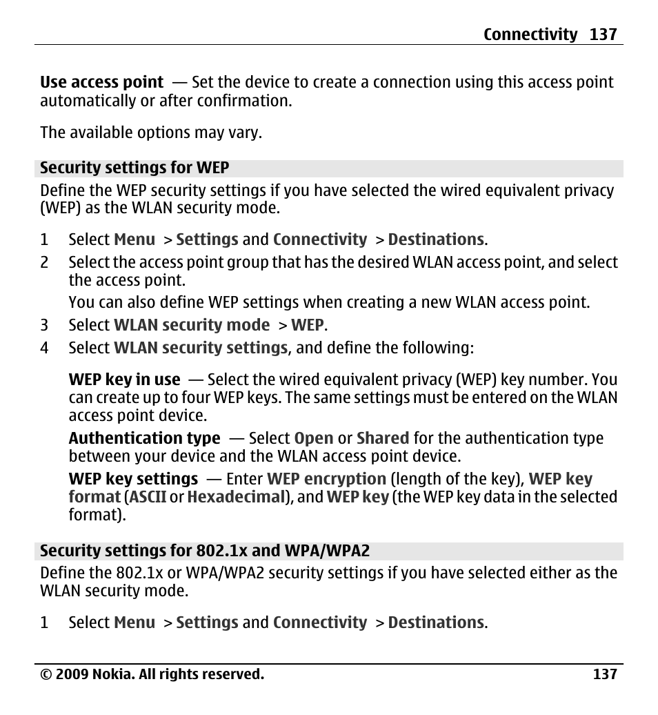 Security settings for wep, Security settings for 802.1x and wpa/wpa2 | Nokia X6-00 User Manual | Page 137 / 213