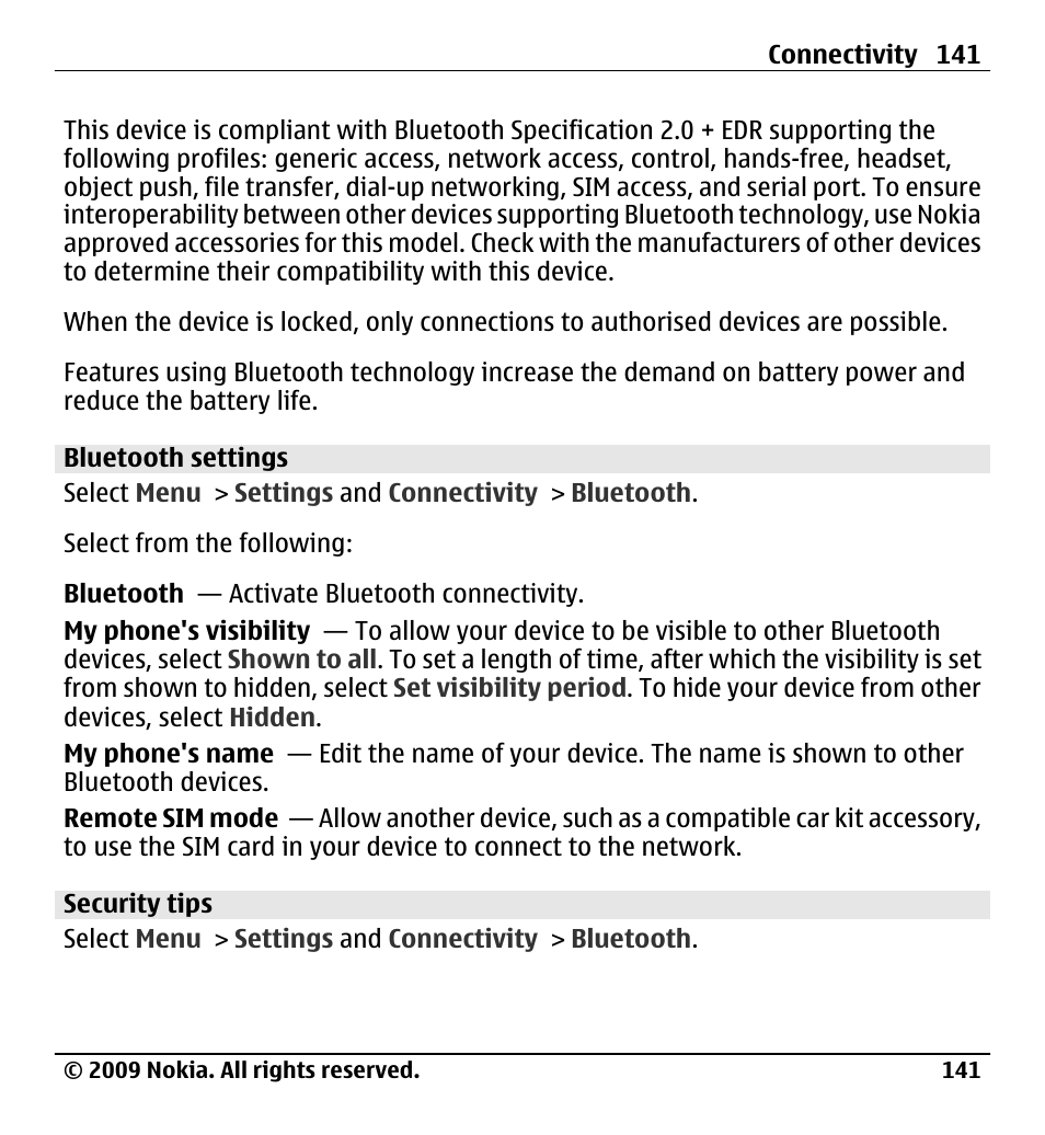 Bluetooth settings, Security tips | Nokia X6-00 User Manual | Page 141 / 213