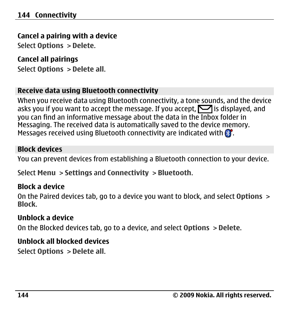 Receive data using bluetooth connectivity, Block devices | Nokia X6-00 User Manual | Page 144 / 213