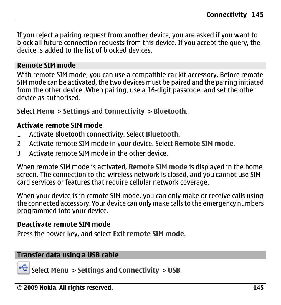 Remote sim mode, Transfer data using a usb cable | Nokia X6-00 User Manual | Page 145 / 213