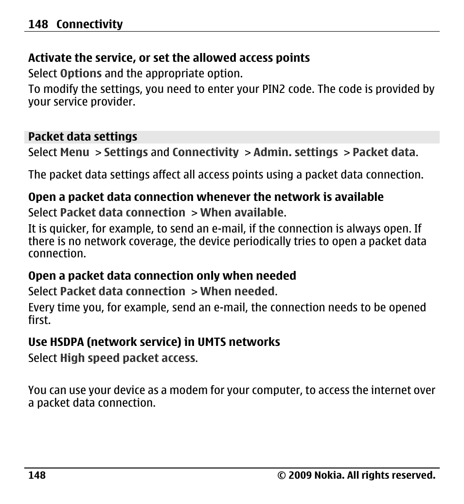 Packet data settings | Nokia X6-00 User Manual | Page 148 / 213