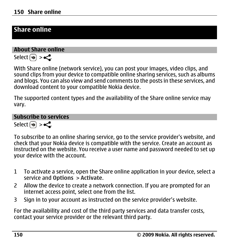 Share online, About share online, Subscribe to services | Nokia X6-00 User Manual | Page 150 / 213