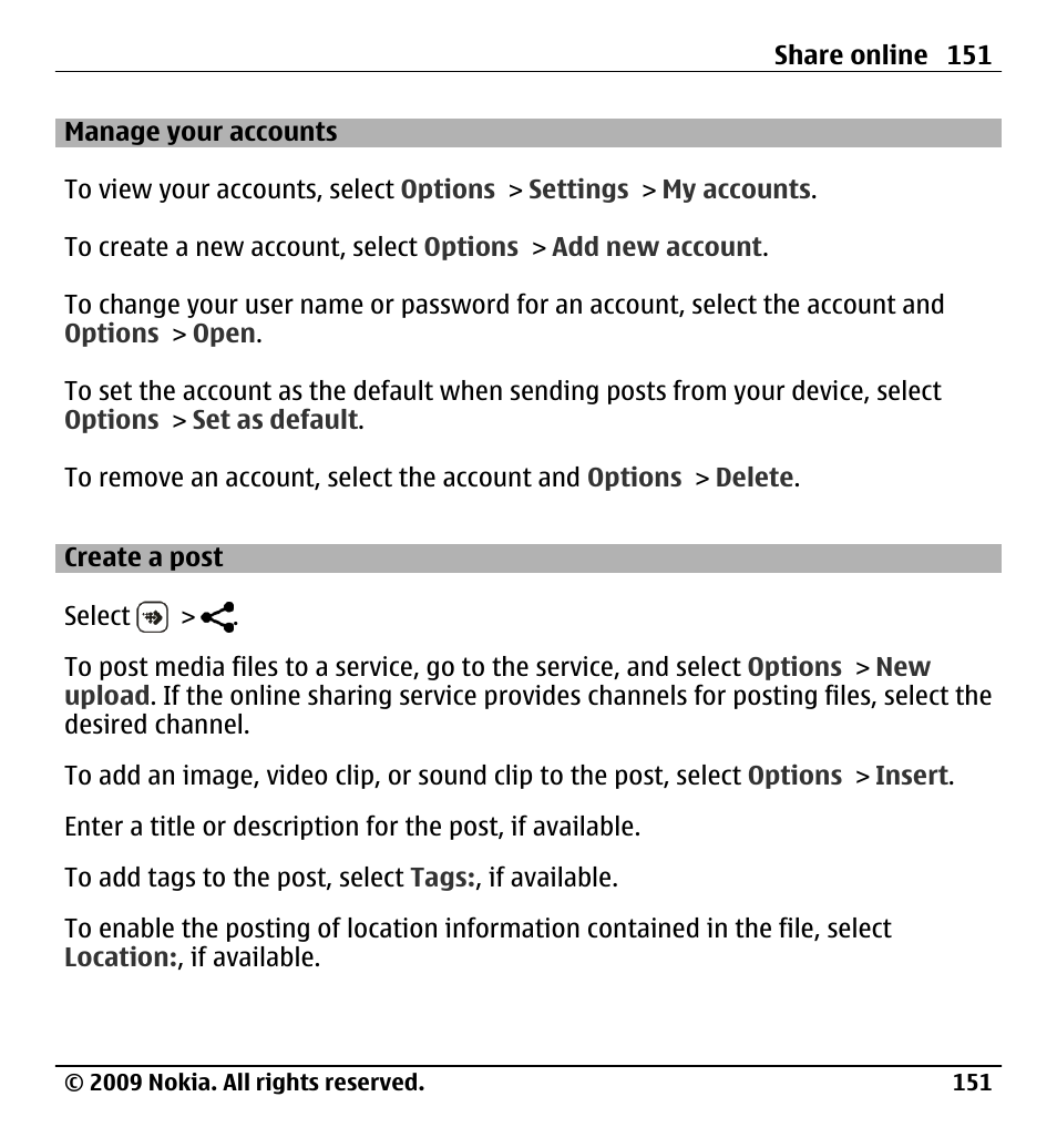 Manage your accounts, Create a post | Nokia X6-00 User Manual | Page 151 / 213