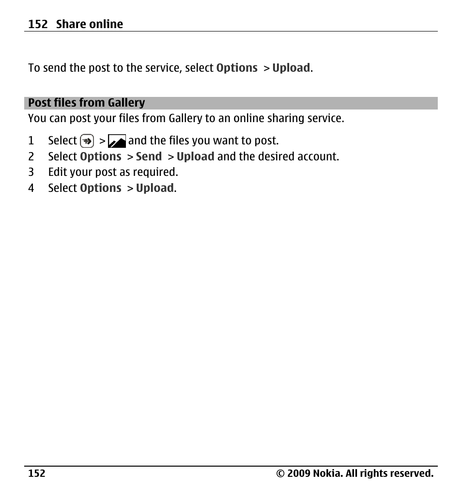 Post files from gallery | Nokia X6-00 User Manual | Page 152 / 213