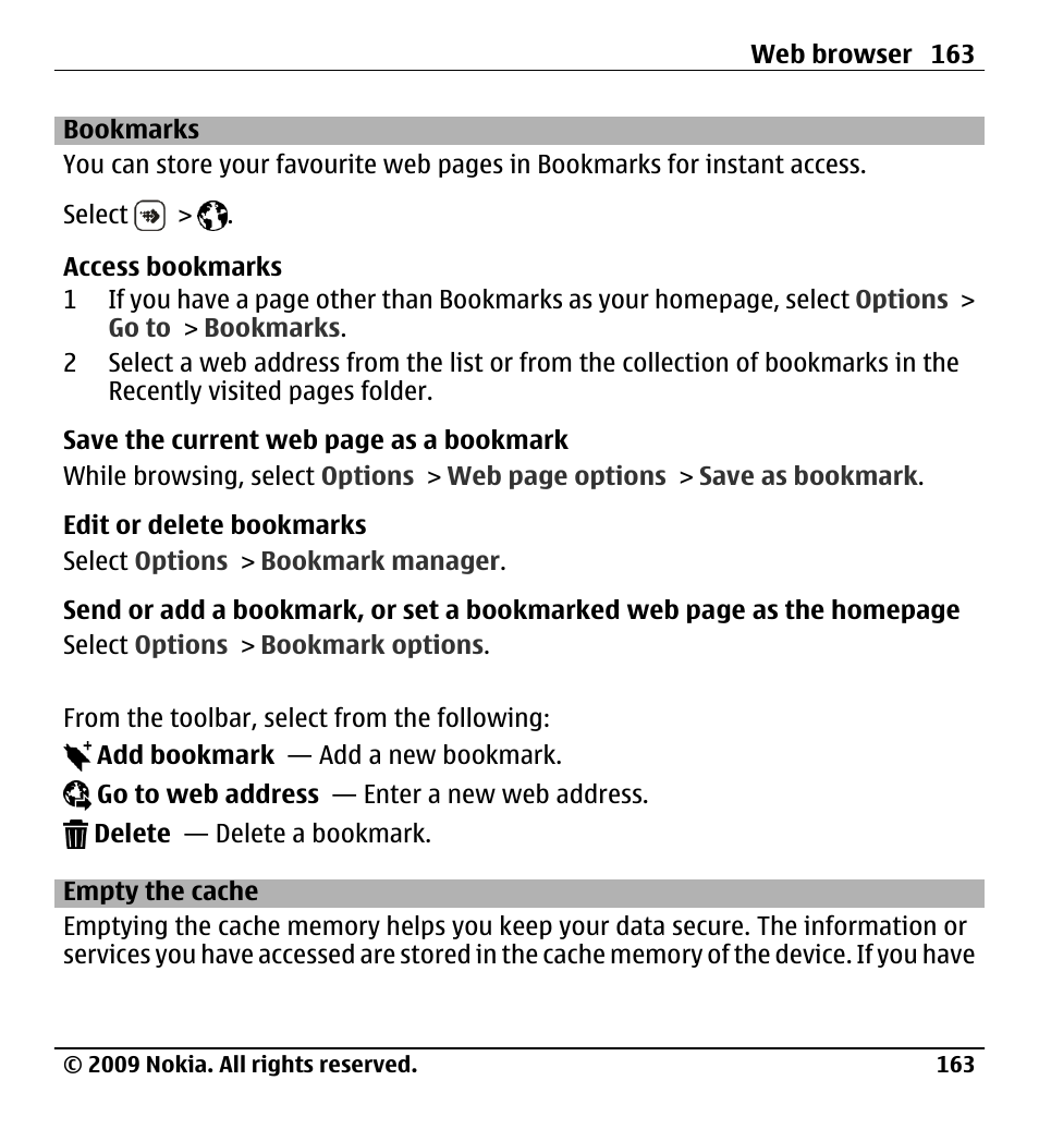 Bookmarks, Empty the cache | Nokia X6-00 User Manual | Page 163 / 213