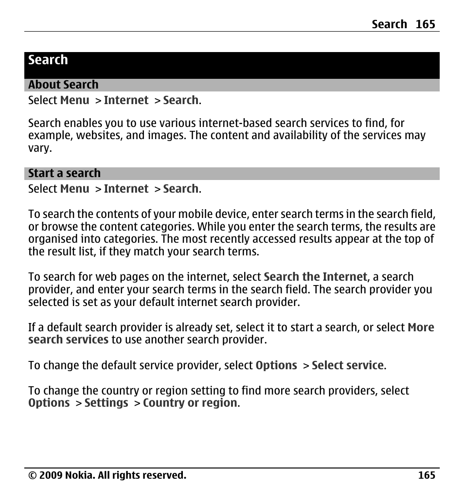 Search, About search, Start a search | Nokia X6-00 User Manual | Page 165 / 213