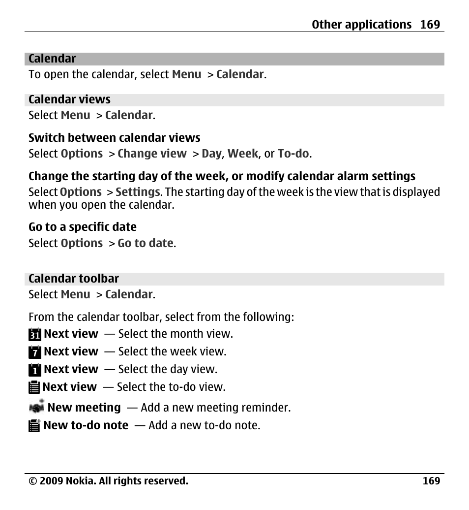 Calendar, Calendar views, Calendar toolbar | Nokia X6-00 User Manual | Page 169 / 213