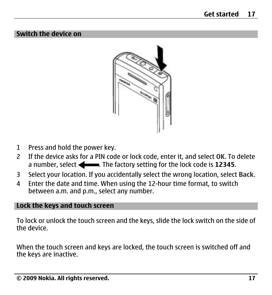 Switch the device on, Lock the keys and touch screen | Nokia X6-00 User Manual | Page 17 / 213