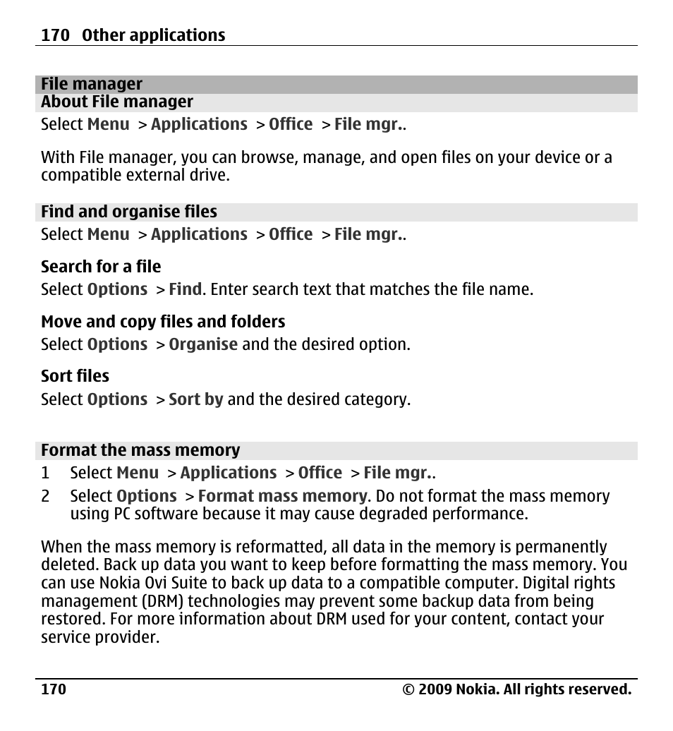 File manager, About file manager, Find and organise files | Format the mass memory | Nokia X6-00 User Manual | Page 170 / 213