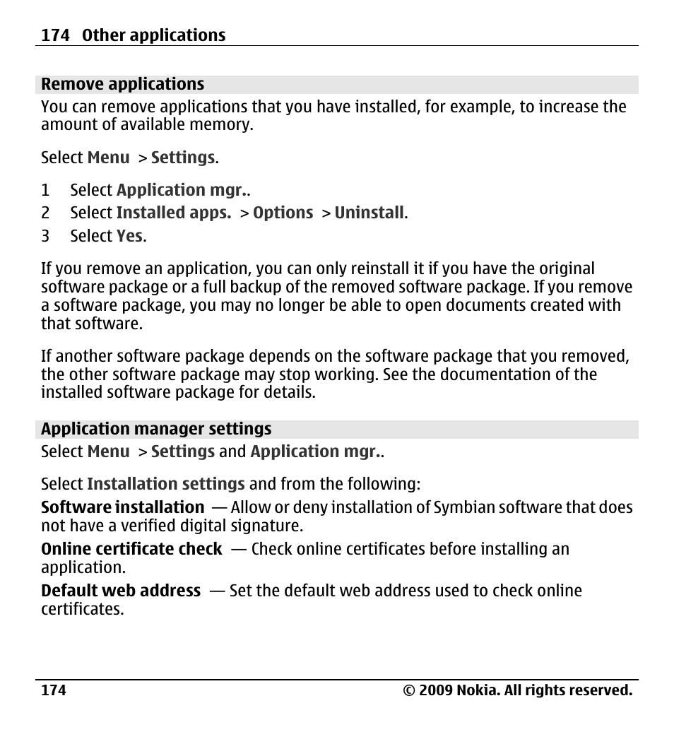 Remove applications, Application manager settings | Nokia X6-00 User Manual | Page 174 / 213