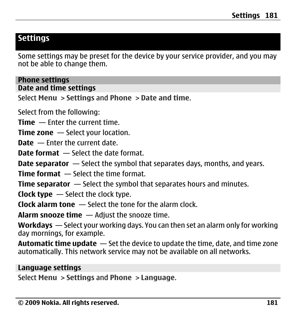 Settings, Phone settings, Date and time settings | Language settings | Nokia X6-00 User Manual | Page 181 / 213