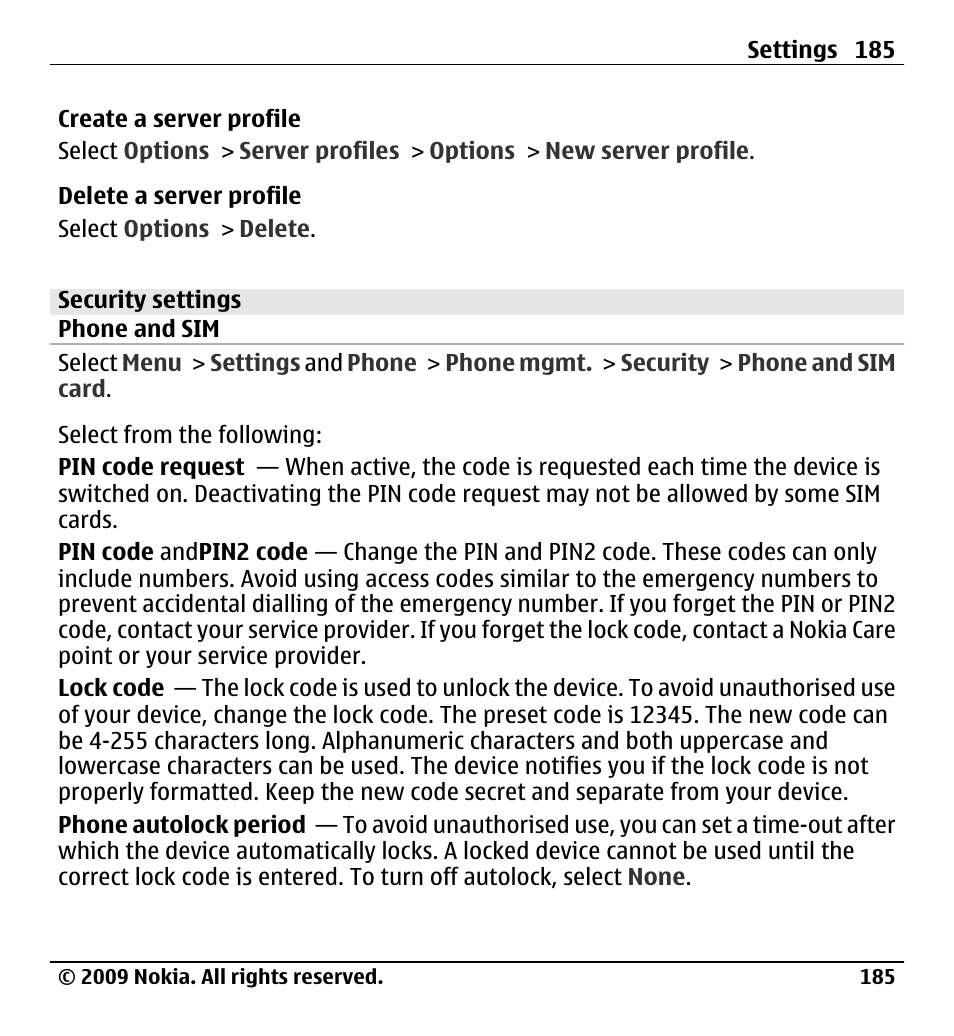 Security settings, Phone and sim | Nokia X6-00 User Manual | Page 185 / 213