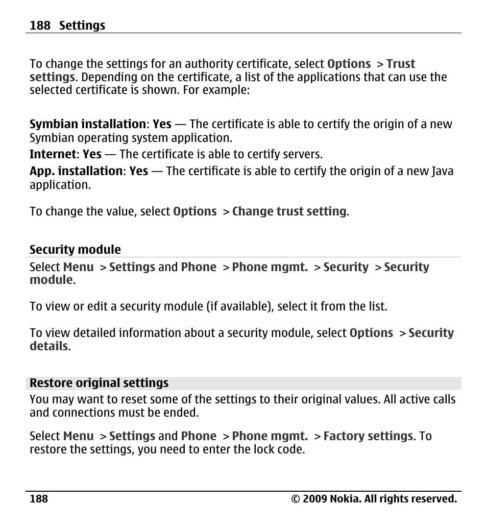 Security module, Restore original settings | Nokia X6-00 User Manual | Page 188 / 213
