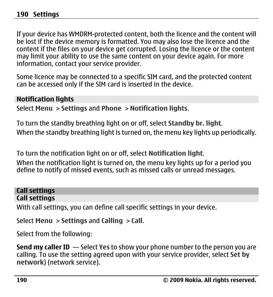 Notification lights, Call settings | Nokia X6-00 User Manual | Page 190 / 213