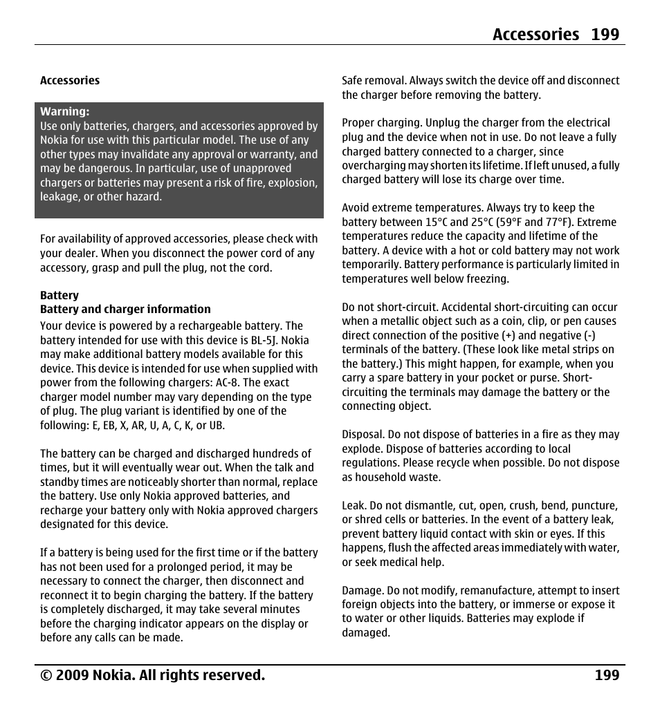 Accessories, Battery, Battery and charger information | Battery and charger information 199, Accessories 199 | Nokia X6-00 User Manual | Page 199 / 213