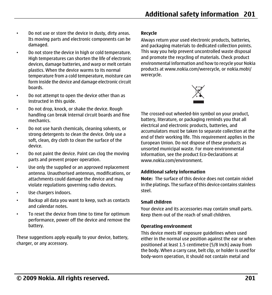 Recycle, Additional safety information, Small children | Operating environment, Additional safety information 201 | Nokia X6-00 User Manual | Page 201 / 213