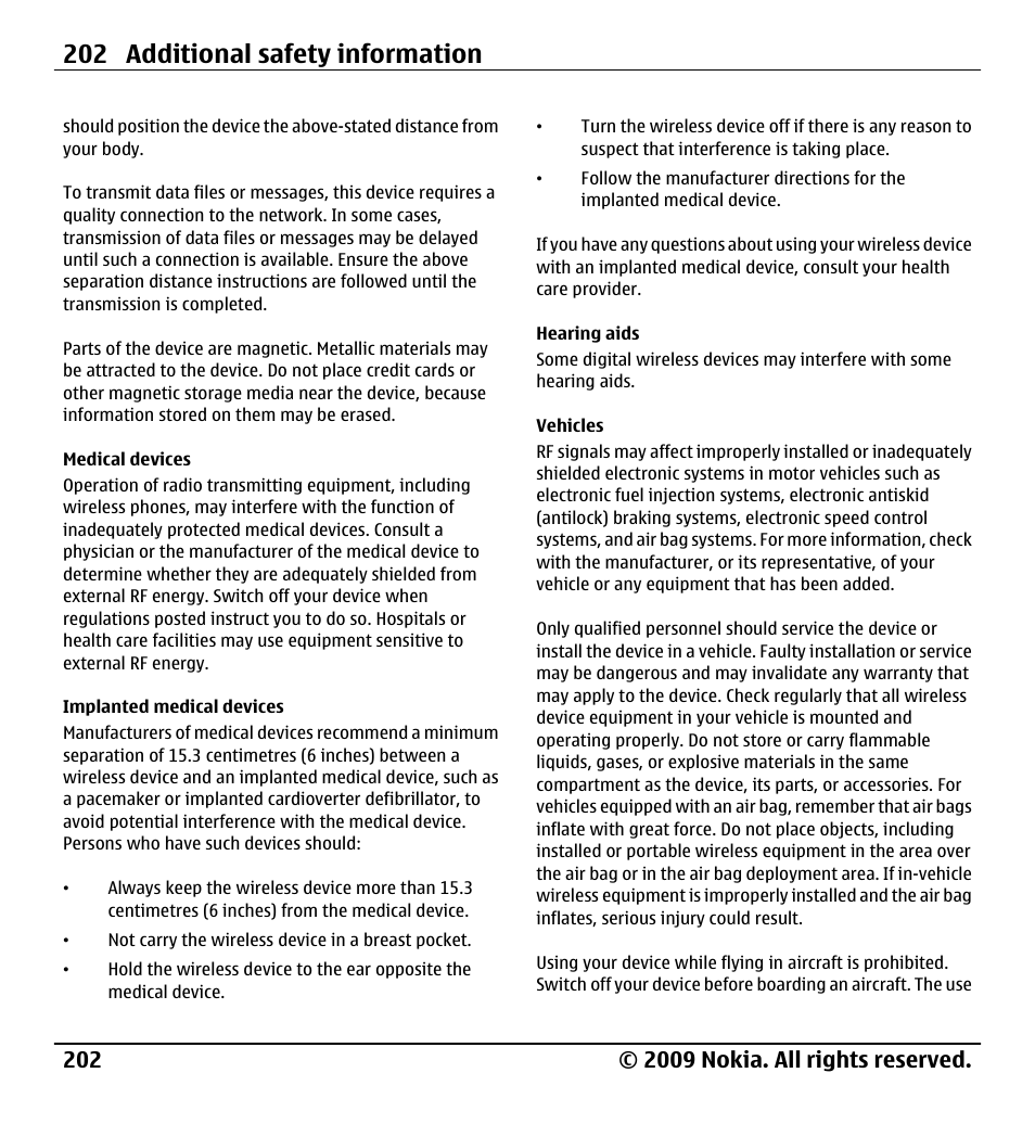 Medical devices, Implanted medical devices, Hearing aids | Vehicles, 202 additional safety information | Nokia X6-00 User Manual | Page 202 / 213