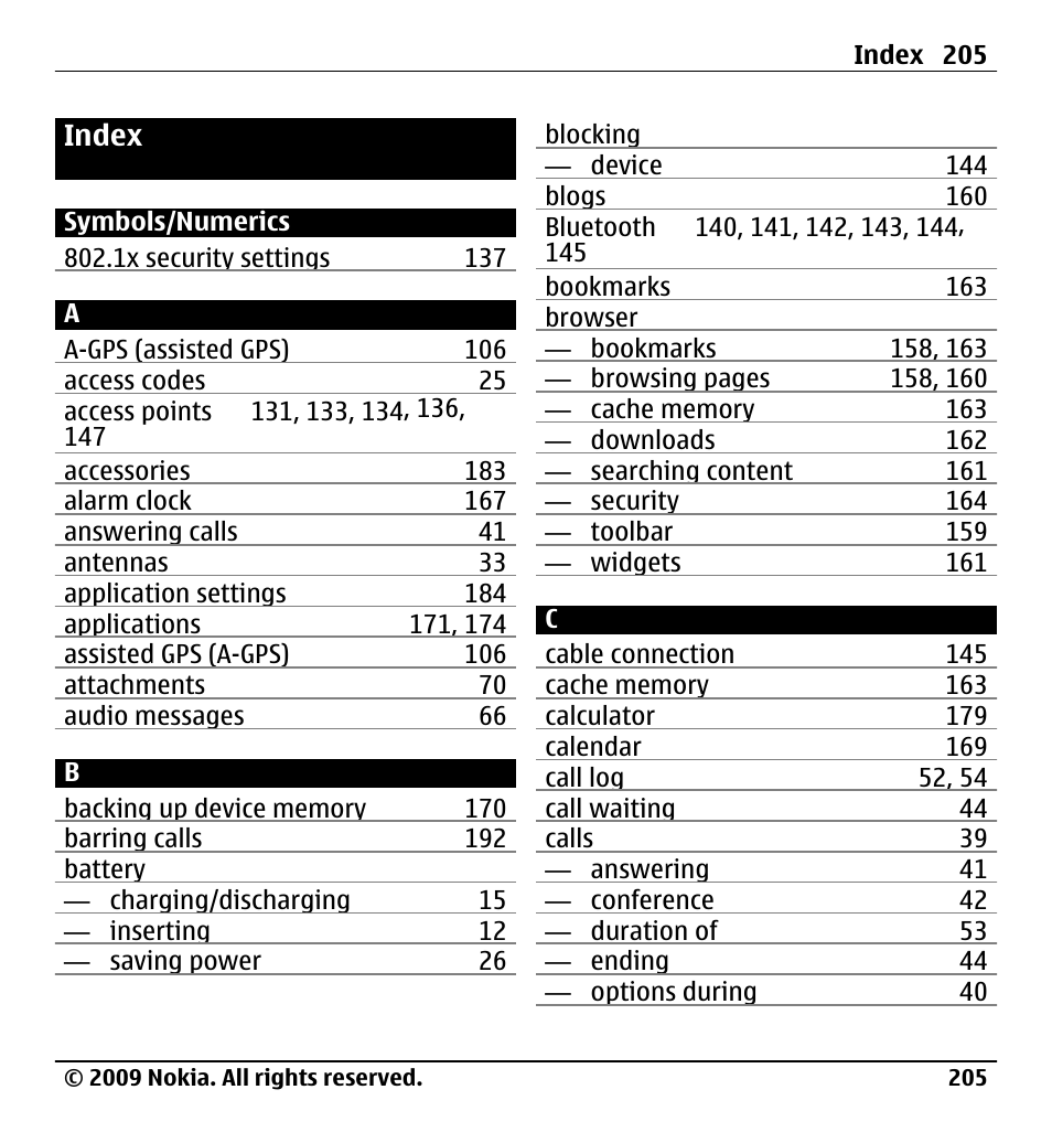 Index | Nokia X6-00 User Manual | Page 205 / 213