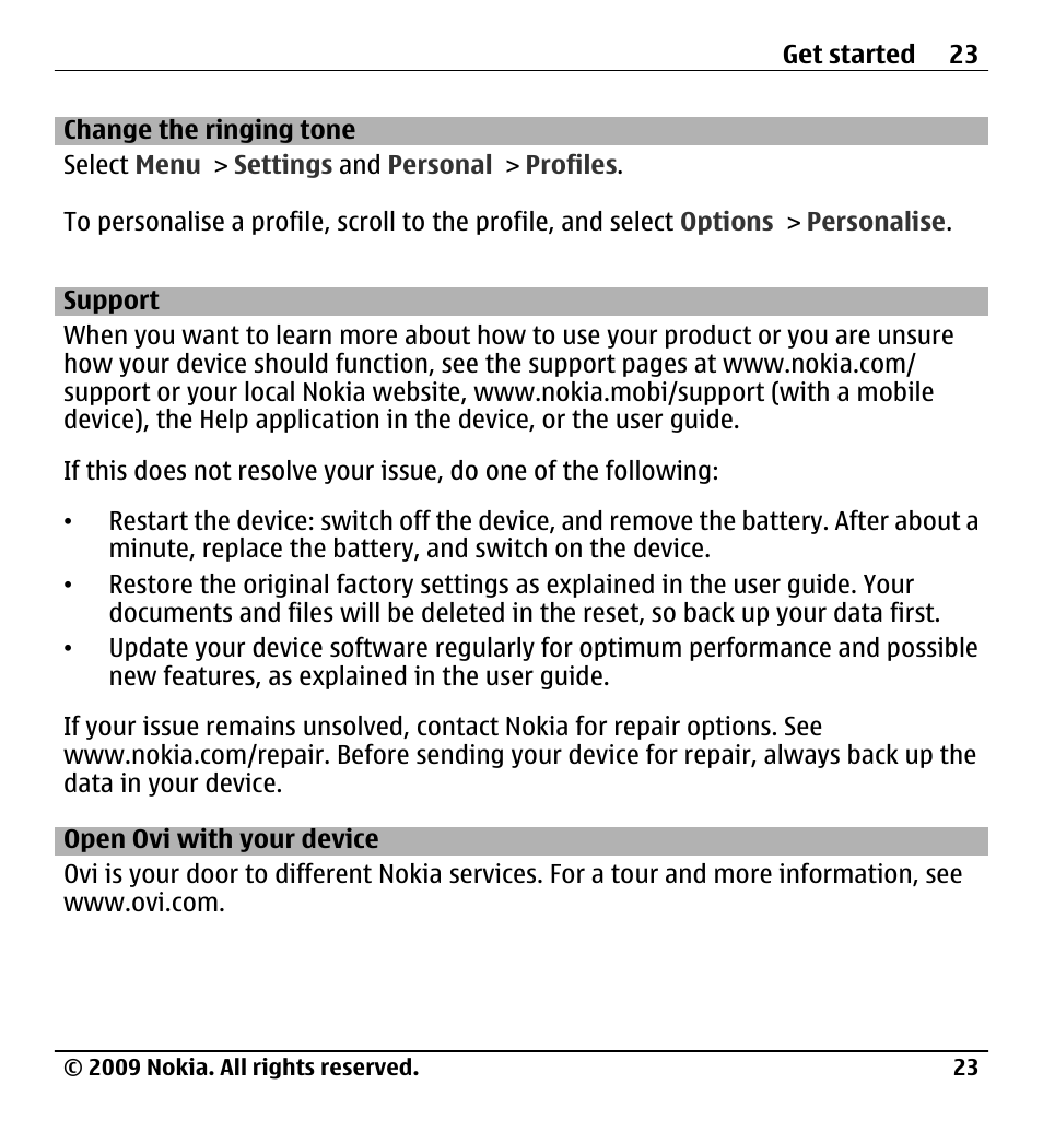 Change the ringing tone, Support, Open ovi with your device | Nokia X6-00 User Manual | Page 23 / 213