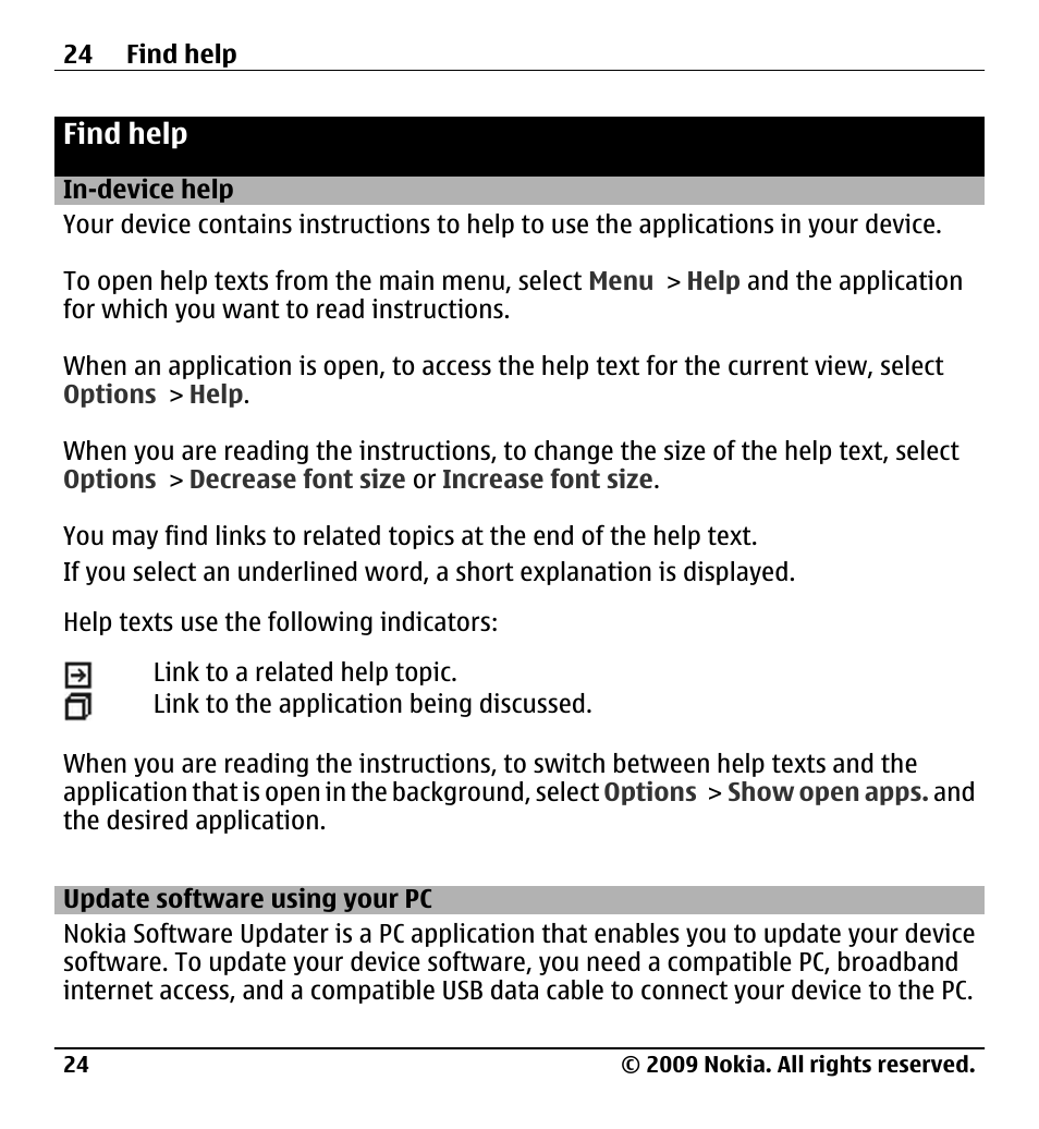 Find help, In-device help, Update software using your pc | Nokia X6-00 User Manual | Page 24 / 213