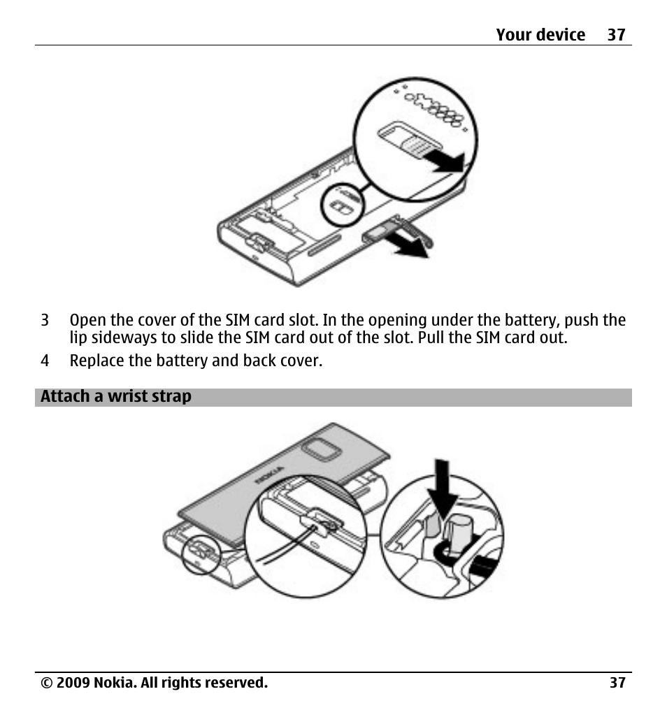 Attach a wrist strap | Nokia X6-00 User Manual | Page 37 / 213