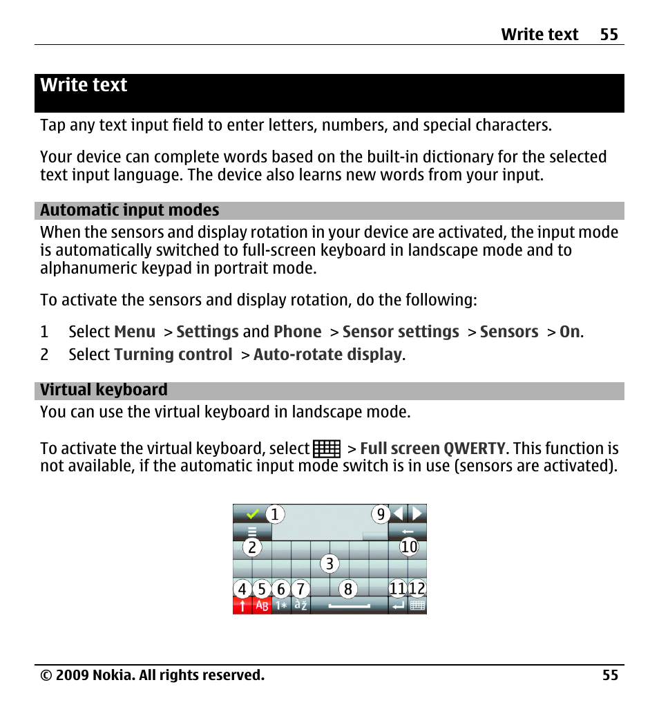 Write text, Automatic input modes, Virtual keyboard | Nokia X6-00 User Manual | Page 55 / 213