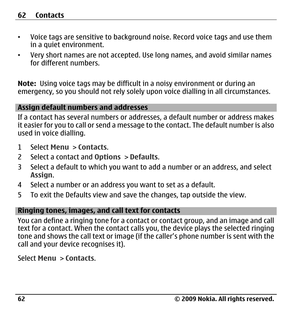 Assign default numbers and addresses, Ringing tones, images, and call text for contacts, Assign default numbers and | Addresses, Ringing tones, images, and call text, For contacts | Nokia X6-00 User Manual | Page 62 / 213