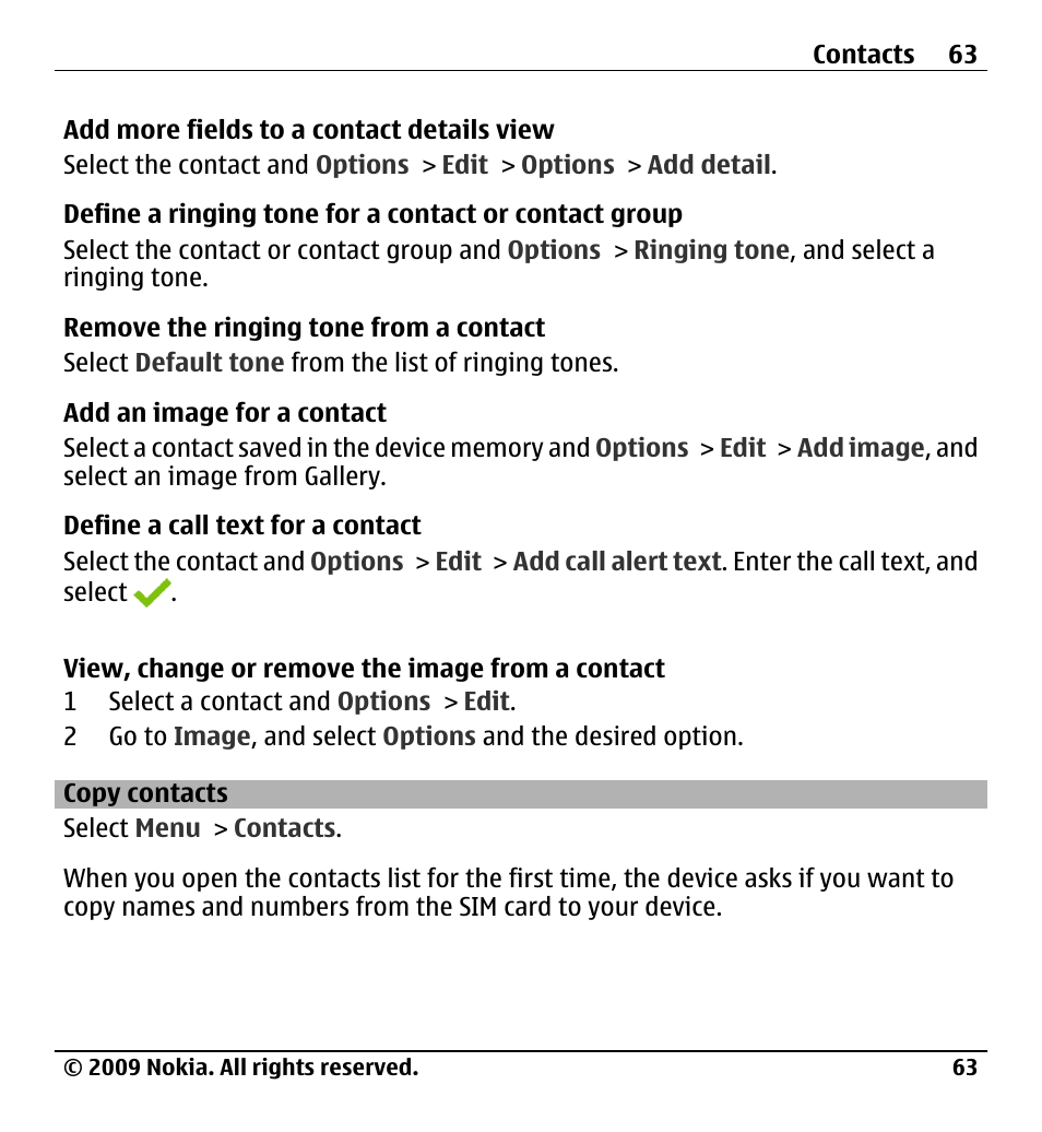 Copy contacts | Nokia X6-00 User Manual | Page 63 / 213