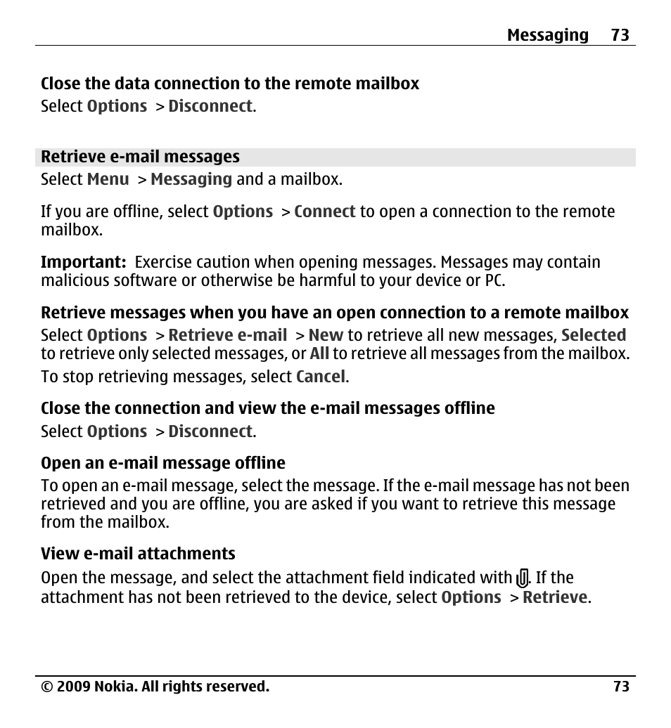 Retrieve e-mail messages | Nokia X6-00 User Manual | Page 73 / 213