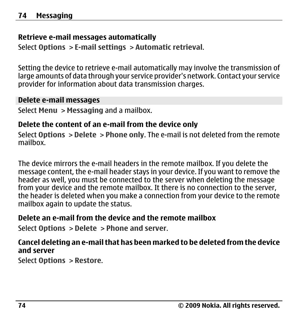 Delete e-mail messages | Nokia X6-00 User Manual | Page 74 / 213