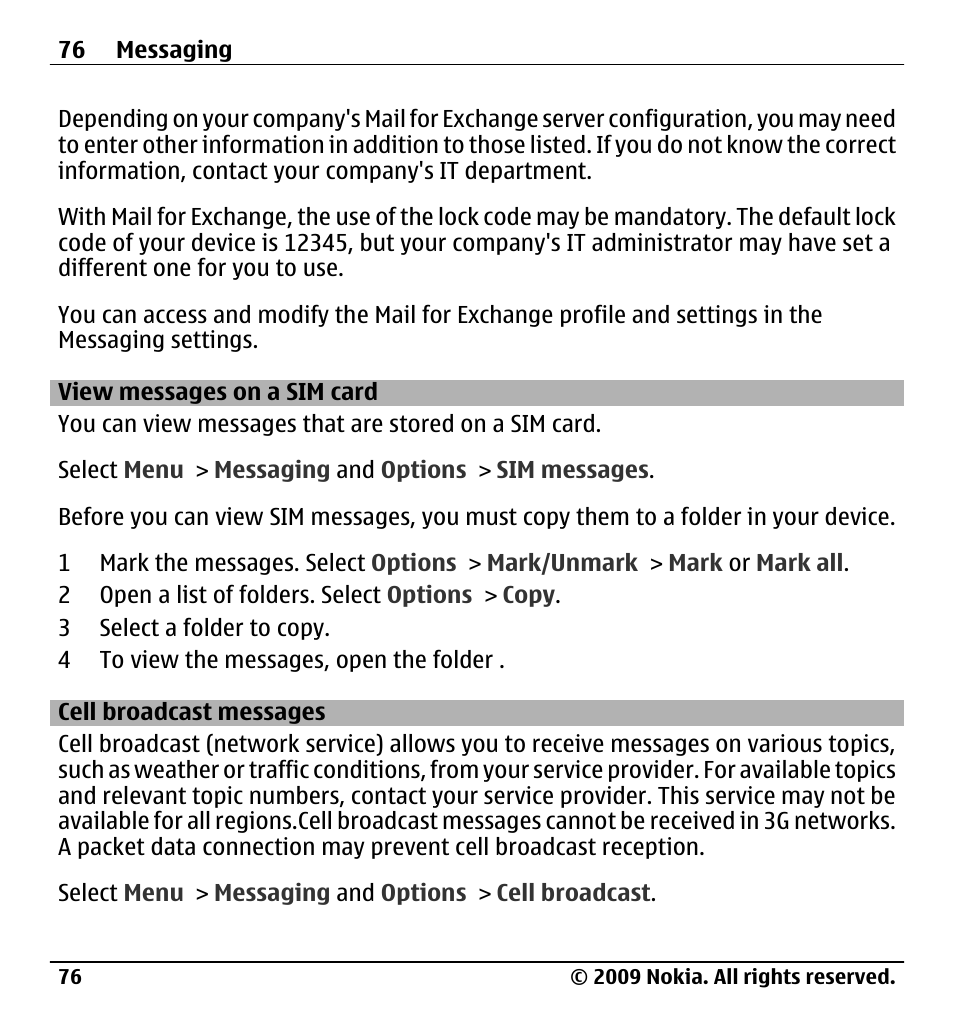 View messages on a sim card, Cell broadcast messages | Nokia X6-00 User Manual | Page 76 / 213