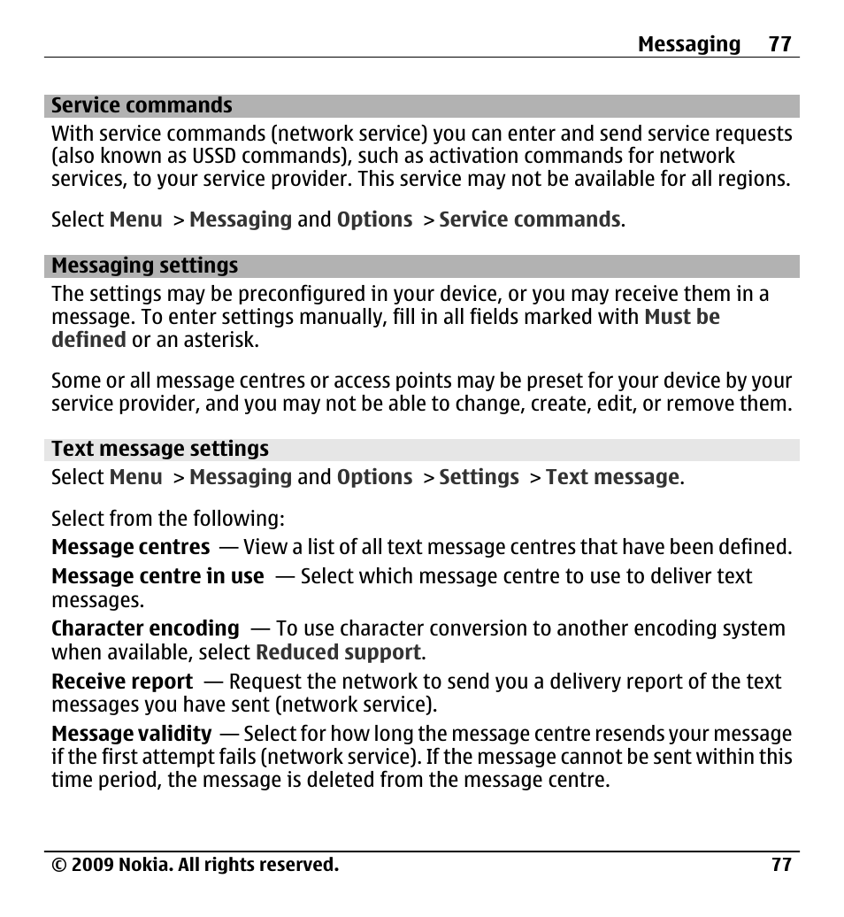 Service commands, Messaging settings, Text message settings | Nokia X6-00 User Manual | Page 77 / 213