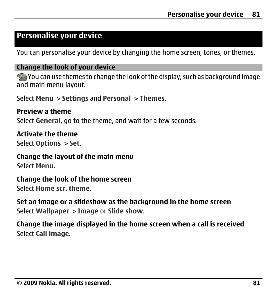 Personalise your device, Change the look of your device | Nokia X6-00 User Manual | Page 81 / 213