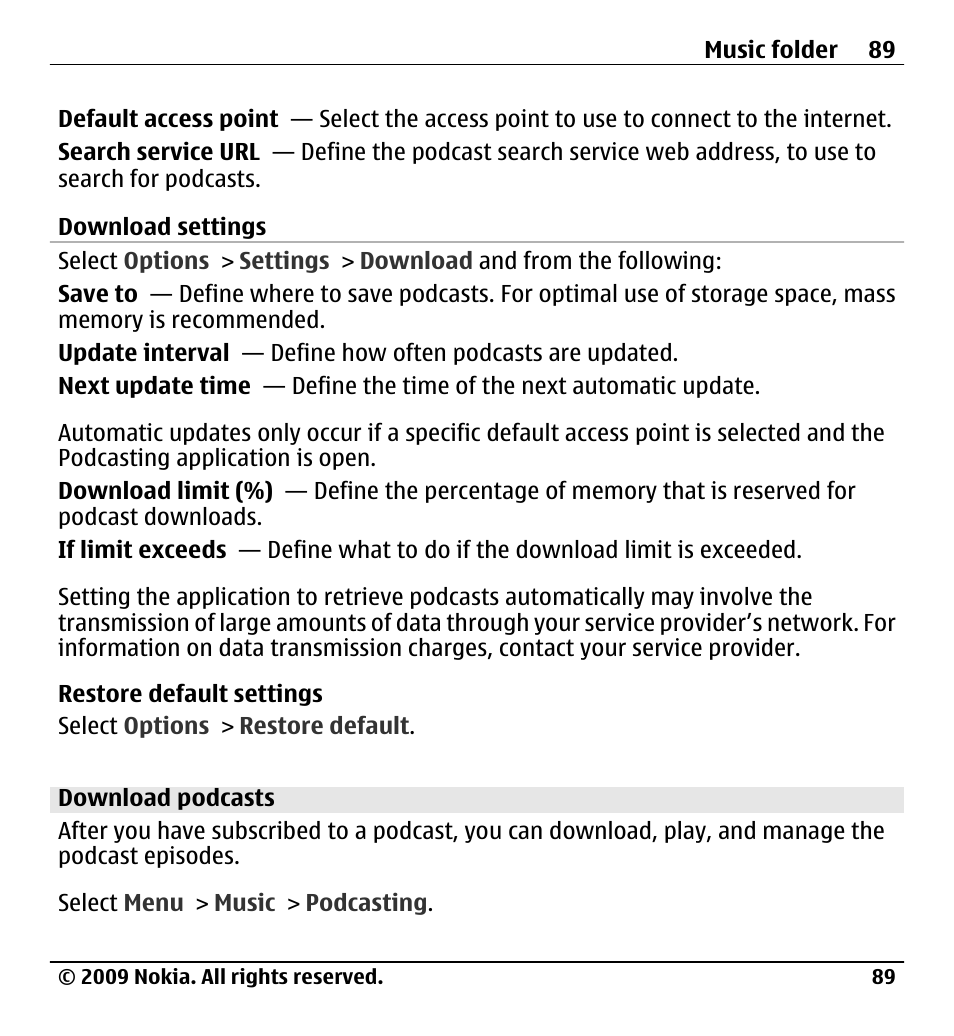 Download podcasts | Nokia X6-00 User Manual | Page 89 / 213
