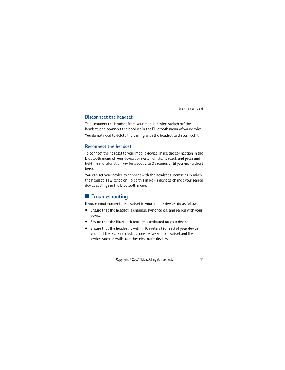 Troubleshooting, Disconnect the headset reconnect the headset | Nokia PHONE ACCESSORY BH-701 User Manual | Page 11 / 59