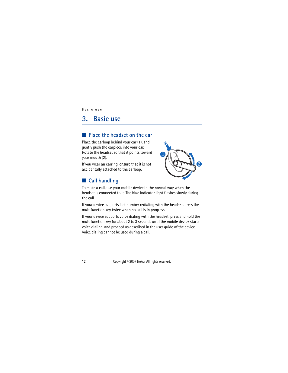 Basic use, Place the headset on the ear, Call handling | Place the headset on the ear call handling | Nokia PHONE ACCESSORY BH-701 User Manual | Page 12 / 59