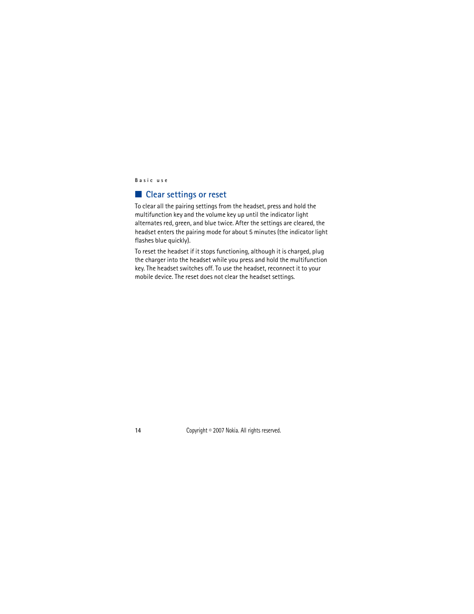 Clear settings or reset | Nokia PHONE ACCESSORY BH-701 User Manual | Page 14 / 59