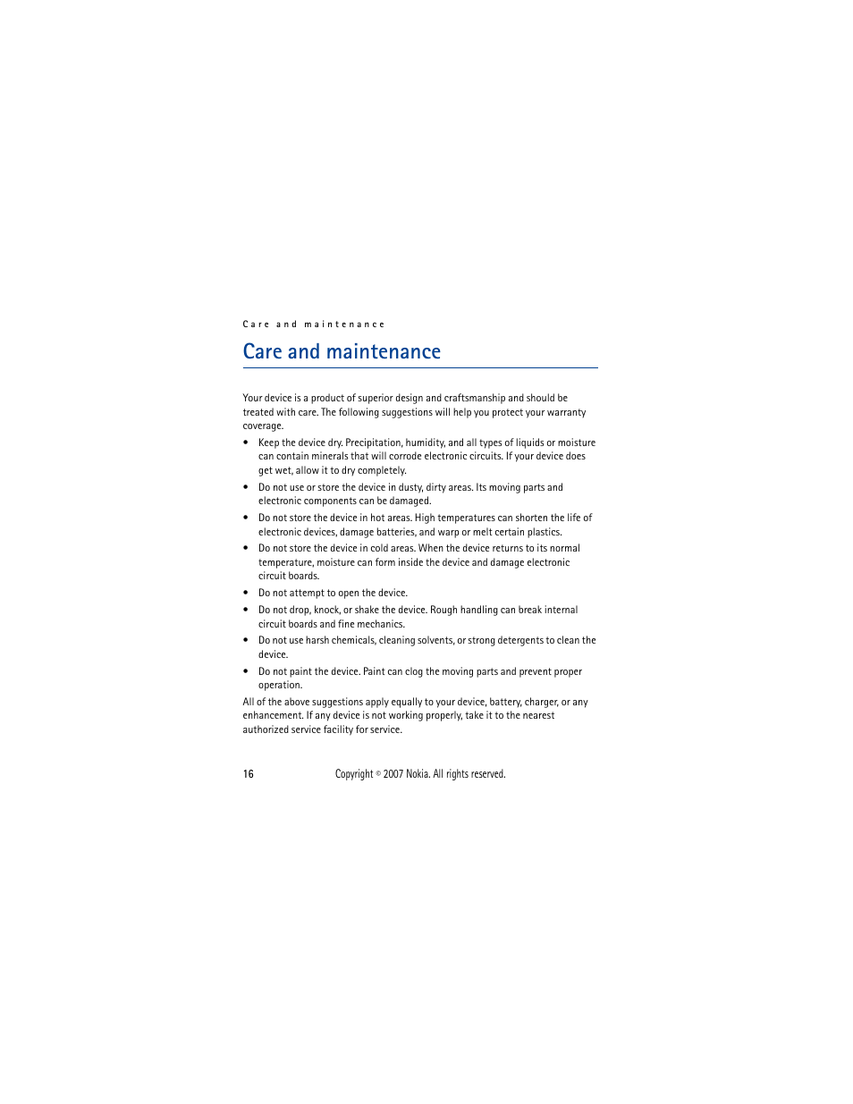 Care and maintenance | Nokia PHONE ACCESSORY BH-701 User Manual | Page 16 / 59